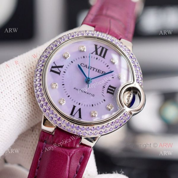 New Cartier Ballon Bleu 33mm With Diamonds Bezel Pink MOP Dial Pink Leather Strap Copy Watch New Cartier Ballon Bleu 33mm With Diamonds Bezel Pink MOP Dial Pink Leather Strap Copy Watch