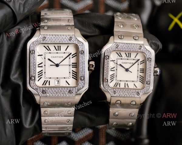 Swiss Quartz Cartier Santos Gold Copy Watch With Diamonds White Dial With Roman Markers Swiss Quartz Cartier Santos Gold Copy Watch With Diamonds White Dial With Roman Markers
