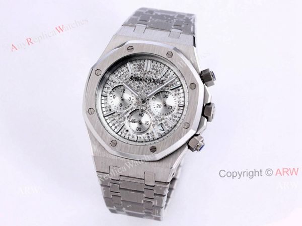 New Silver Frosted Gold Audemars Piguet Royal Oak Chronograph 41mm Copy Watch With Dimaonds Dial New Silver Frosted Gold Audemars Piguet Royal Oak Chronograph 41mm Copy Watch With Dimaonds Dial