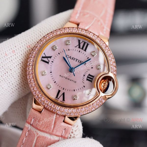 New Ladies Cartier Ballon Bleu 33mm Rose Gold diamond Purple Dial Purple Leather Strap Replica Watches New Ladies Cartier Ballon Bleu 33mm Rose Gold diamond Purple Dial Purple Leather Strap Replica Watches