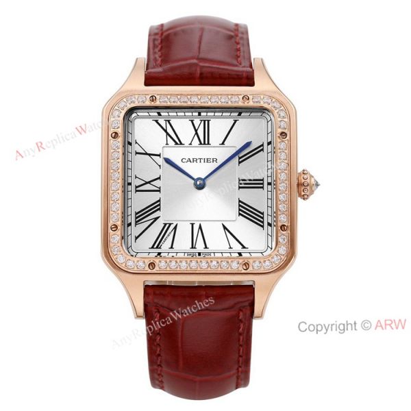 New Faux Cartier Santos-Dumont Rose Gold Couple Watch With Diamonds Bezel Brown Leather Band New Faux Cartier Santos-Dumont Rose Gold Couple Watch With Diamonds Bezel Brown Leather Band