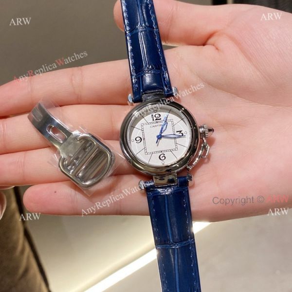 New Pasha De Cartier Watch 35mm white face blue leather strap replica New Pasha De Cartier Watch 35mm white face blue leather strap replica