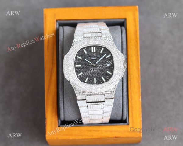 Swiss Grade One Patek Philippe Iced Out Nautilus 9015 Watch BlackSilver Diamond Swiss Grade One Patek Philippe Iced Out Nautilus 9015 Watch BlackSilver Diamond