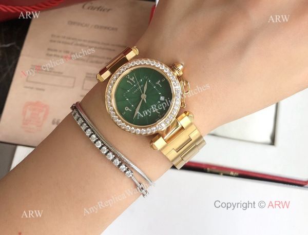 Replica Cartier Pasha Diamond Bezel Deep Green Dial Gold Watch With Arabic Markers Replica Cartier Pasha Diamond Bezel Deep Green Dial Gold Watch With Arabic Markers