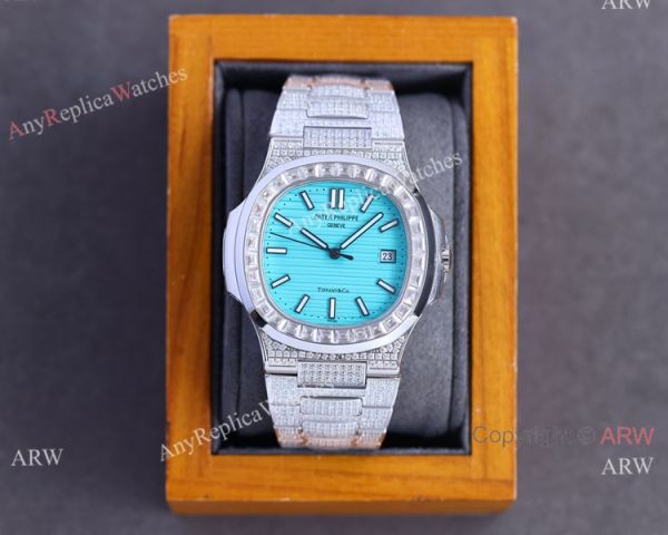 Iced Out Patek Philippe Nautilus Tiff-any Baby Blue Diamond Band Watch Cal.324 40mm Iced Out Patek Philippe Nautilus Tiff-any Baby Blue Diamond Band Watch Cal.324 40mm