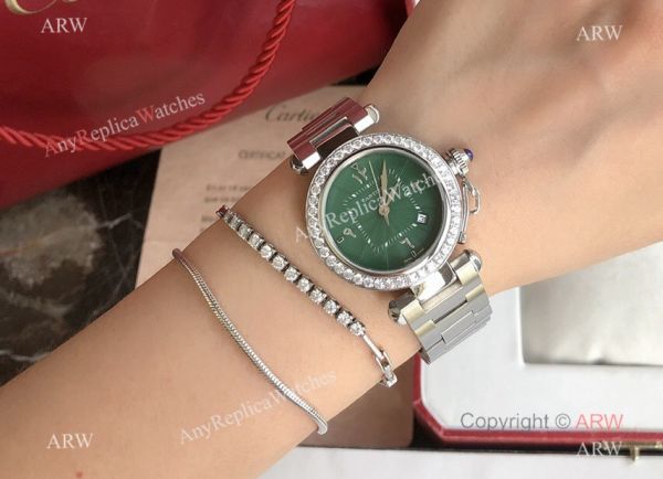 New Replica Cartier Pasha Diamond Bezel Deep Green Dial 316L SS Watch With Arabic Markers New Replica Cartier Pasha Diamond Bezel Deep Green Dial 316L SS Watch With Arabic Markers