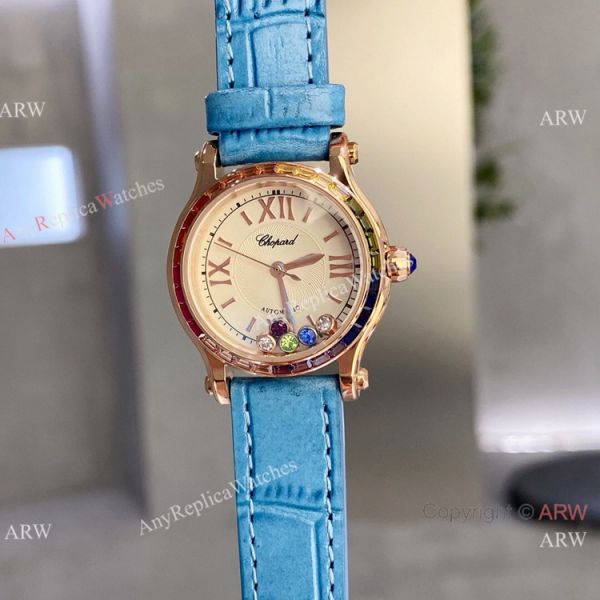 Replica Chopard Happy Sport Quartz 30mm Watch Rainbow bezel Rose Gold Replica Chopard Happy Sport Quartz 30mm Watch Rainbow bezel Rose Gold