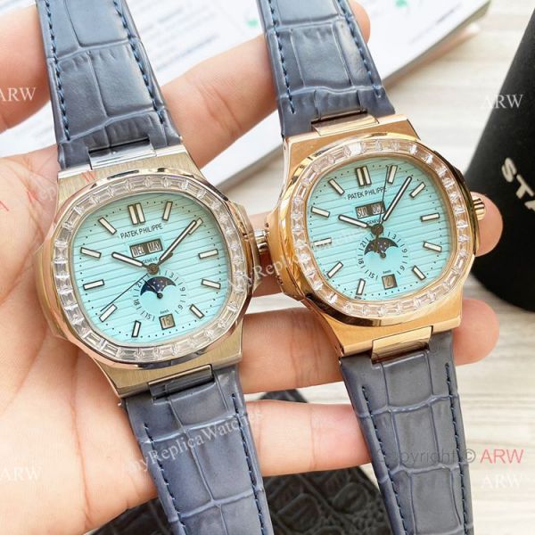 New Clone Patek Philippe Nautilus Annual Calendar Watch Baby Blue Face with Diamonds New Clone Patek Philippe Nautilus Annual Calendar Watch Baby Blue Face with Diamonds