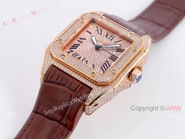 Iced Out Cartier Santos Diamond Watch Automatic Brown Leather Strap Iced Out Cartier Santos Diamond Watch Automatic Brown Leather Strap