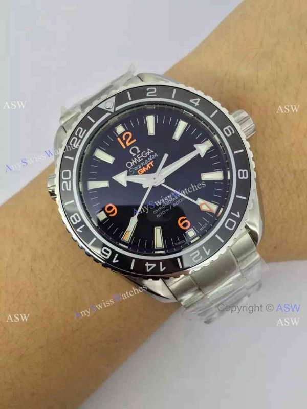 Knockoff Swiss Omega Seamaster GMT Watch Black Face / Orange Arabic Knockoff Swiss Omega Seamaster GMT Watch Black Face / Orange Arabic