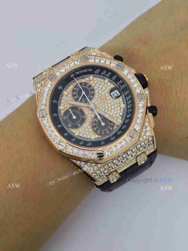 Replica Audemars Piguet Watch Rose Gold Case diamond dial diamond bezel Black Leather Replica Audemars Piguet Watch Rose Gold Case diamond dial diamond bezel Black Leather