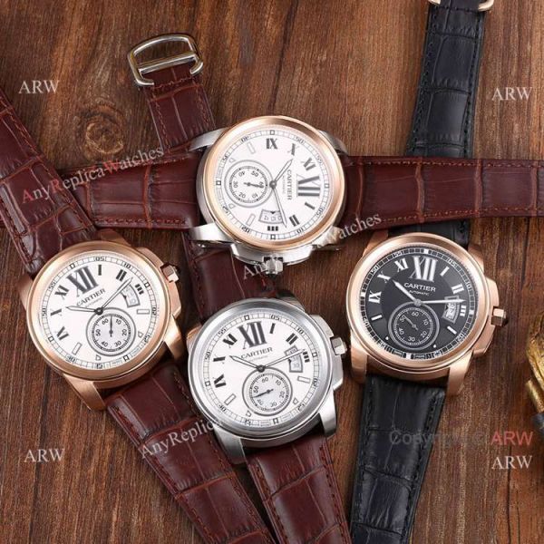 Replica Cartier Calibre de Cartier Men Watches SS Black Leather Strap Replica Cartier Calibre de Cartier Men Watches SS Black Leather Strap