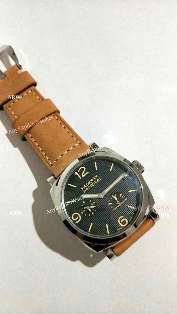 Copy Panerai Radiomir Power Reserve Watch SS Black Stripe Dial with Brown Leather Band Copy Panerai Radiomir Power Reserve Watch SS Black Stripe Dial with Brown Leather Band