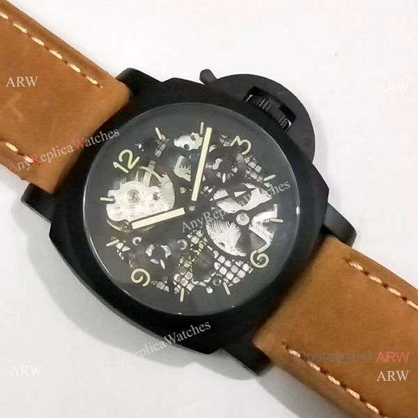 Best Quality Panerai Black Hollow Watch 47mm Brown Leather Strap Best Quality Panerai Black Hollow Watch 47mm Brown Leather Strap