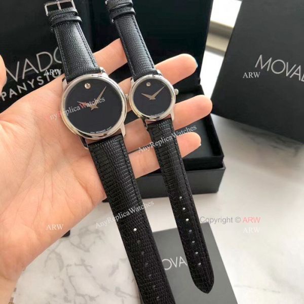 New Replica MOVADO Quartz Lovers Watch SS Black Leather Strap New Replica MOVADO Quartz Lovers Watch SS Black Leather Strap