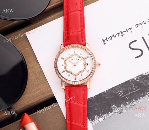 Copy Cartier Red Leather Strap Rose Gold Diamond Quartz Watch 35mm Copy Cartier Red Leather Strap Rose Gold Diamond Quartz Watch 35mm