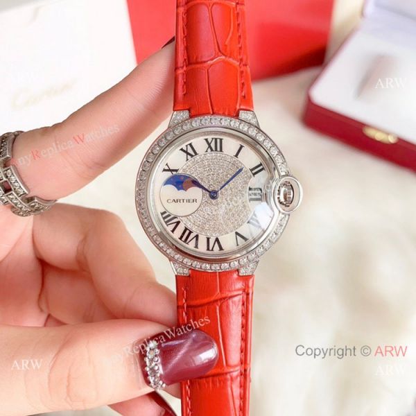 Ballon Bleu de Cartier 36mm Replica Watches Gold Diamond Green Leather Band Ballon Bleu de Cartier 36mm Replica Watches Gold Diamond Green Leather Band