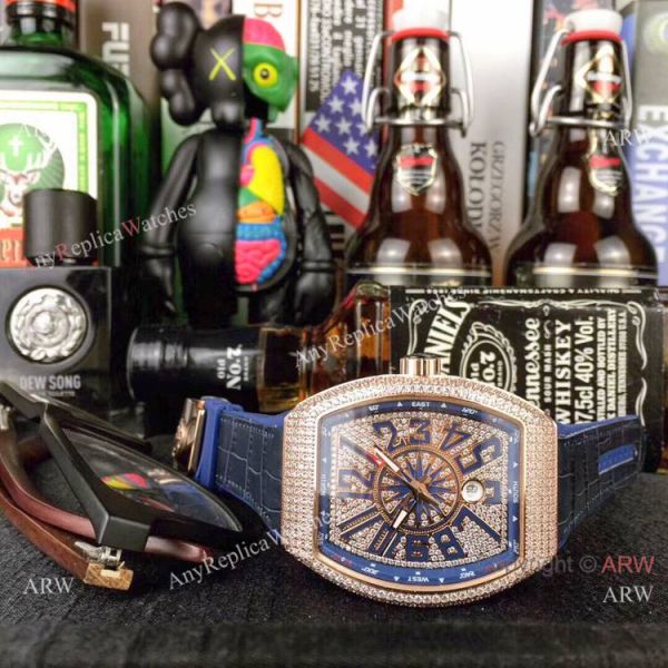 Swiss Quality Franck Muller Vanguard Yachting v45 Watch Rose Gold Diamond Blue Gummy strap Swiss Quality Franck Muller Vanguard Yachting v45 Watch Rose Gold Diamond Blue Gummy strap