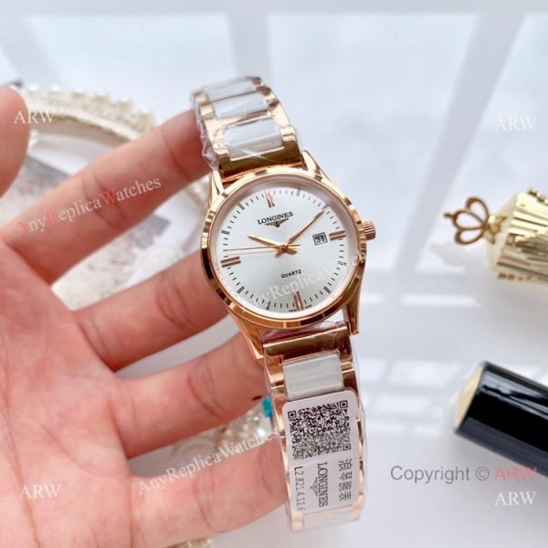 Copy Longines Quartz watches White Ceramic Rose Gold Sapphire glass Copy Longines Quartz watches White Ceramic Rose Gold Sapphire glass
