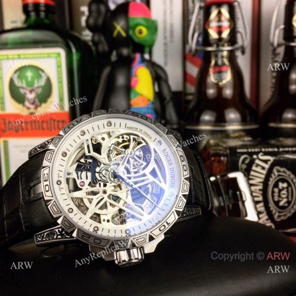 Copy Roger Dubuis Excalibur 46 Skeleton Men Watch SS Black Leather Strap Copy Roger Dubuis Excalibur 46 Skeleton Men Watch SS Black Leather Strap