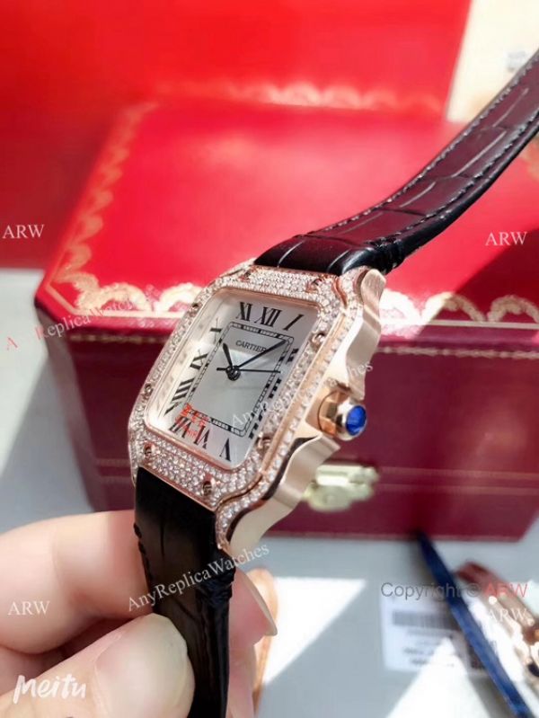 New Cartier Santos 100 Diamond Replica Watch Rose Gold Brown Leather Strap New Cartier Santos 100 Diamond Replica Watch Rose Gold Brown Leather Strap