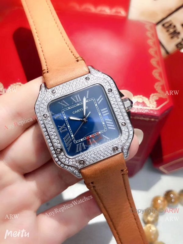 Cartier Santos 100 Diamond Replica Watch SS Diamond Case Blue Leather Strap Cartier Santos 100 Diamond Replica Watch SS Diamond Case Blue Leather Strap