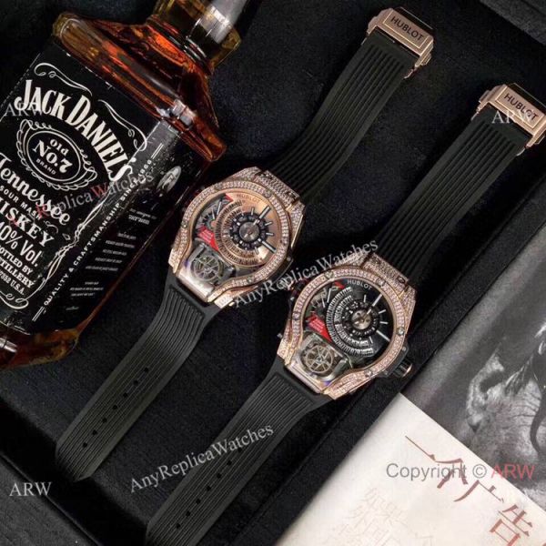 Swiss Quality Hublot Tourbillon Skeleton MP-09 Bi-Axis Watch Rose Gold Diamonds Swiss Quality Hublot Tourbillon Skeleton MP-09 Bi-Axis Watch Rose Gold Diamonds