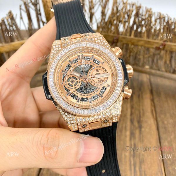 Top Grade Hublot Big Bang Unico Sapphire Watch Rose Gold Iced Out Bracelet Top Grade Hublot Big Bang Unico Sapphire Watch Rose Gold Iced Out Bracelet