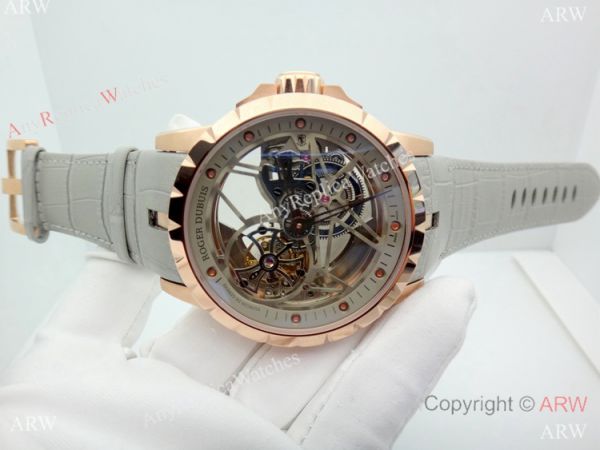 Copy Roger Dubuis Excalibur Flying Tourbillon Watch Rose Gold Gray Leather Strap Copy Roger Dubuis Excalibur Flying Tourbillon Watch Rose Gold Gray Leather Strap
