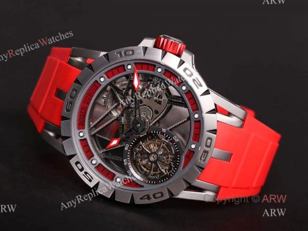 Swiss Replica Roger Dubuis Excalibur Spider Tourbillon Skeleton Watch With Red Rubber Band Swiss Replica Roger Dubuis Excalibur Spider Tourbillon Skeleton Watch With Red Rubber Band