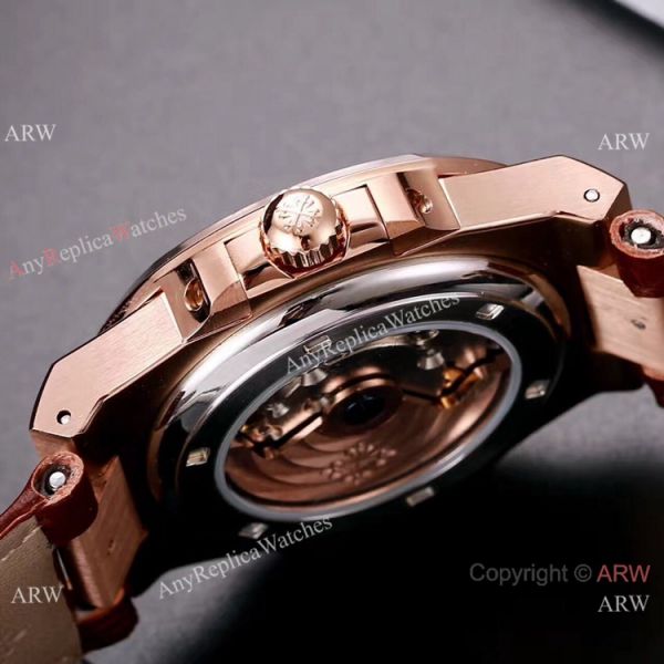 Best Copy Patek Philippe Nautilus 40mm Watches Rose Gold Brown Leather Band Best Copy Patek Philippe Nautilus 40mm Watches Rose Gold Brown Leather Band