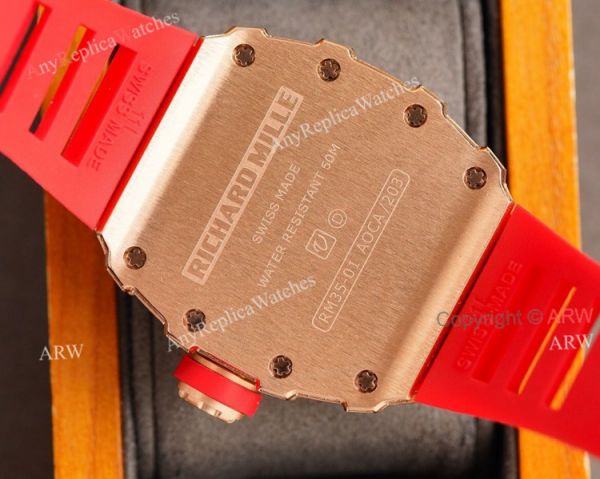 (RM Factory) Knockoff Diamond Richard Mille RM35 01 Rose Gold Watch Red Rubber Band (RM Factory) Knockoff Diamond Richard Mille RM35 01 Rose Gold Watch Red Rubber Band