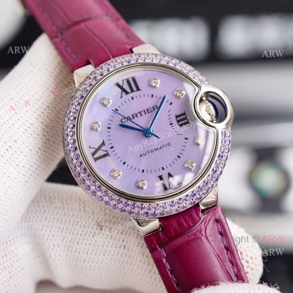 New Cartier Ballon Bleu 33mm With Diamonds Bezel Pink MOP Dial Pink Leather Strap Copy Watch New Cartier Ballon Bleu 33mm With Diamonds Bezel Pink MOP Dial Pink Leather Strap Copy Watch