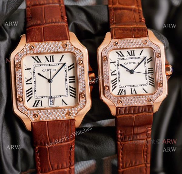 Replica Cartier Santos Yellow Gold White Dial Watch With Diamonds For Men And Women Replica Cartier Santos Yellow Gold White Dial Watch With Diamonds For Men And Women
