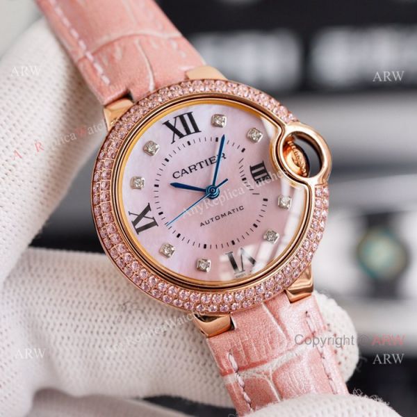 New Ladies Cartier Ballon Bleu 33mm Rose Gold diamond Purple Dial Purple Leather Strap Replica Watches New Ladies Cartier Ballon Bleu 33mm Rose Gold diamond Purple Dial Purple Leather Strap Replica Watches