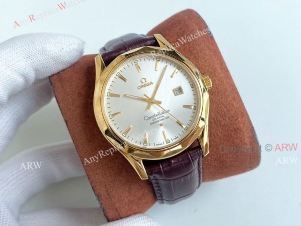 Copy Omega Constellation Silver Dial Yellow Gold Case Brown Leather Strap Men Watch Copy Omega Constellation Silver Dial Yellow Gold Case Brown Leather Strap Men Watch