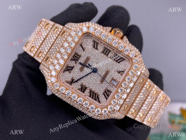 BV Factory Cartier Santos de Watch Iced Out Rose Gold Case BV Factory Cartier Santos de Watch Iced Out Rose Gold Case