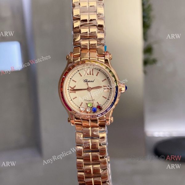 Replica Chopard Happy Sport Quartz 30mm Watch Rainbow bezel Rose Gold Replica Chopard Happy Sport Quartz 30mm Watch Rainbow bezel Rose Gold
