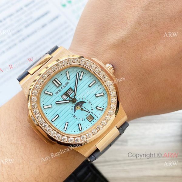 New Clone Patek Philippe Nautilus Annual Calendar Watch Baby Blue Face with Diamonds New Clone Patek Philippe Nautilus Annual Calendar Watch Baby Blue Face with Diamonds
