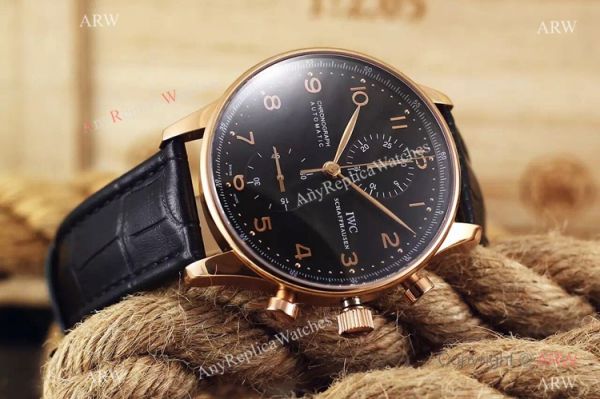 Fake IWC Portuguese Rose Gold Chronograph Watch Black Leather Band Fake IWC Portuguese Rose Gold Chronograph Watch Black Leather Band