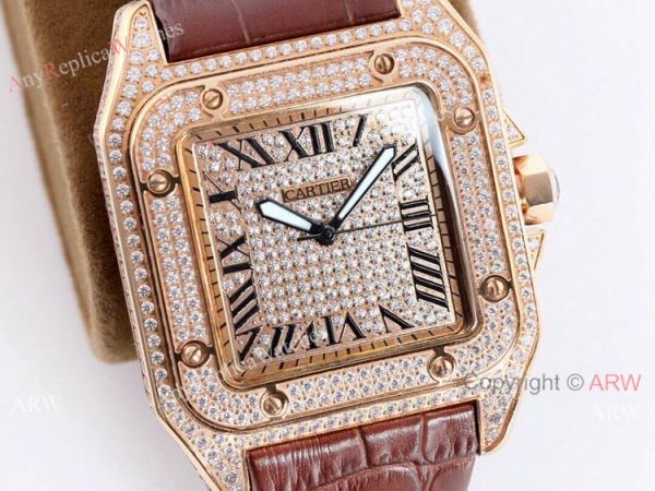 Iced Out Cartier Santos Diamond Watch Automatic Brown Leather Strap Iced Out Cartier Santos Diamond Watch Automatic Brown Leather Strap