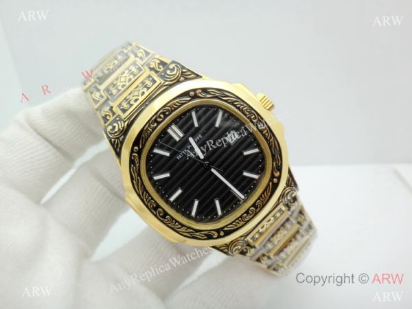 2019 Copy Patek Philippe Engraving Nautilus Watches Yellow Gold Black Dial 2019 Copy Patek Philippe Engraving Nautilus Watches Yellow Gold Black Dial