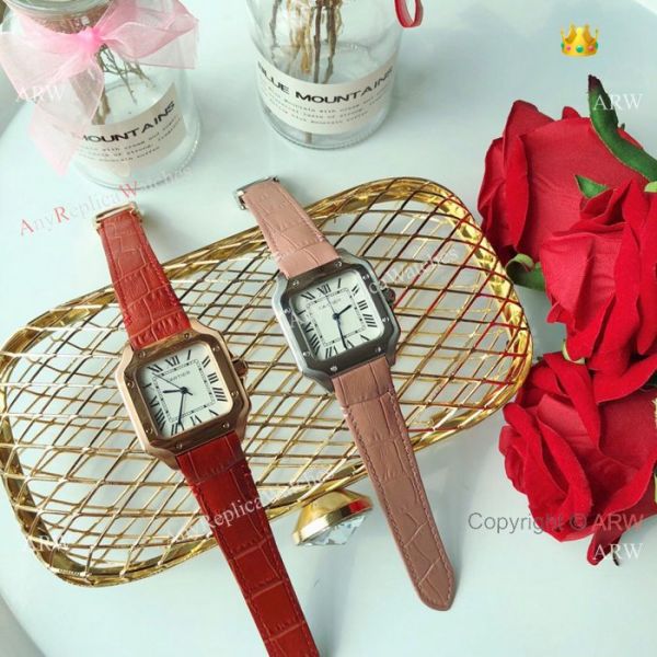 New Style Santos Cartier Watch Lady Pink Leather Strap New Style Santos Cartier Watch Lady Pink Leather Strap