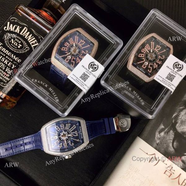 Swiss Copy Franck Muller Iced Out Rose Gold Blue Dial Watch Vanguard Yachting V45 Collection Swiss Copy Franck Muller Iced Out Rose Gold Blue Dial Watch Vanguard Yachting V45 Collection