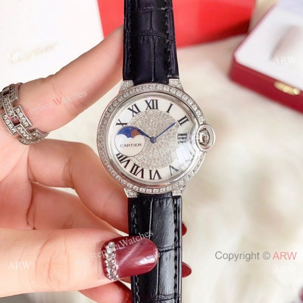 Ballon Bleu de Cartier 36mm Replica Watches Gold Diamond Green Leather Band Ballon Bleu de Cartier 36mm Replica Watches Gold Diamond Green Leather Band