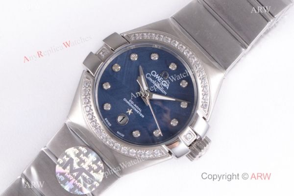 Swiss Grade Omega Constellation 27mm Watch Diamond Bezel Blue MOP Face Swiss Grade Omega Constellation 27mm Watch Diamond Bezel Blue MOP Face