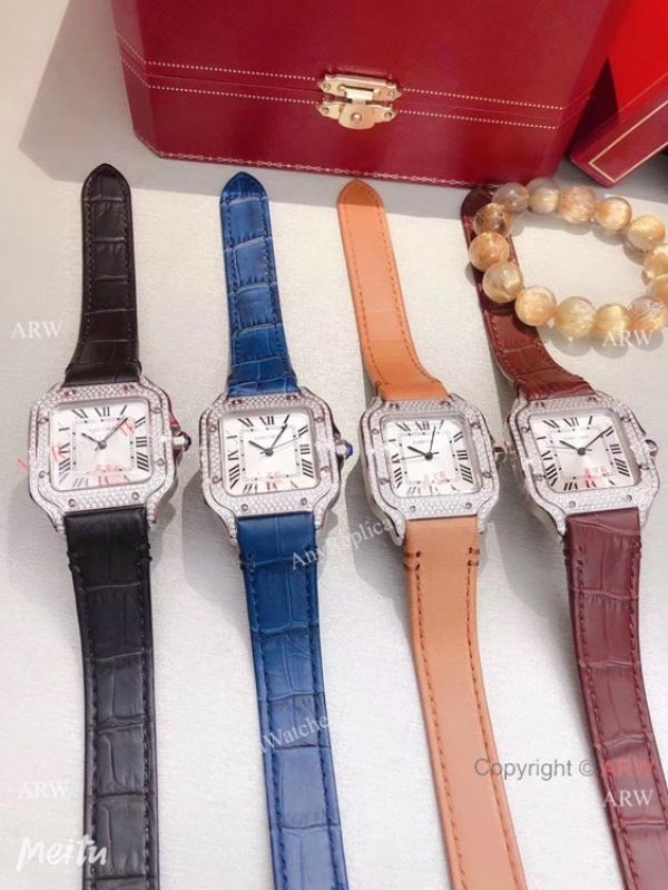 Cartier Santos 100 Diamond Replica Watch SS Diamond Case Blue Leather Strap Cartier Santos 100 Diamond Replica Watch SS Diamond Case Blue Leather Strap