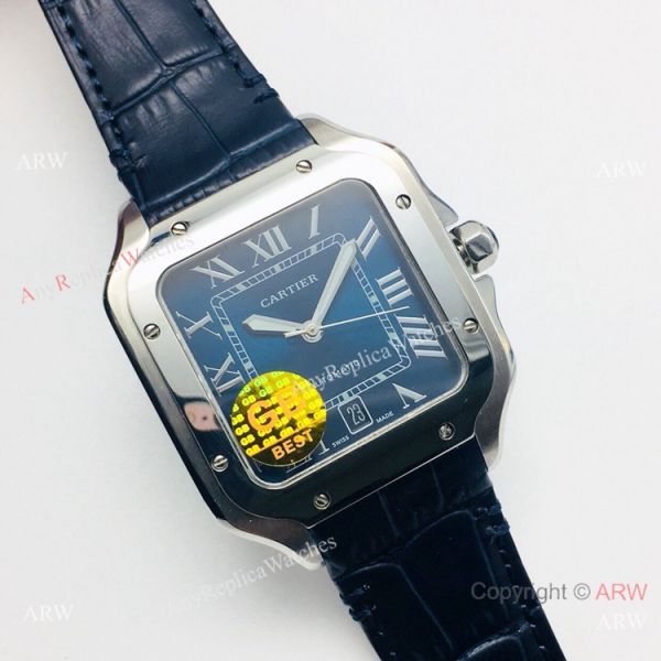 (GB) Swiss Copy Cartier Santos De Mens Watch Blue Dial Blue Leather Strap (GB) Swiss Copy Cartier Santos De Mens Watch Blue Dial Blue Leather Strap