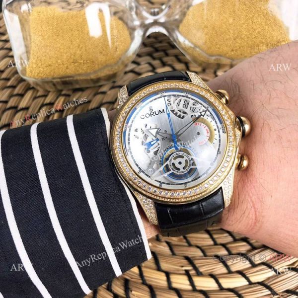 Replica Bubble Corum Watch Diamond Bezel Gold Case Silver Chronograph Dial Replica Bubble Corum Watch Diamond Bezel Gold Case Silver Chronograph Dial