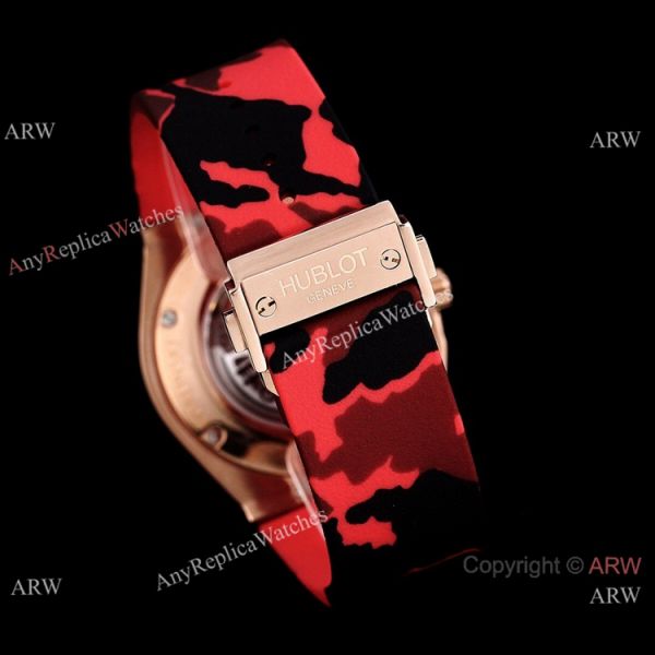 New Replica Hublot Sang Bleu Watch Red Camouflage Strap Rose Gold New Replica Hublot Sang Bleu Watch Red Camouflage Strap Rose Gold